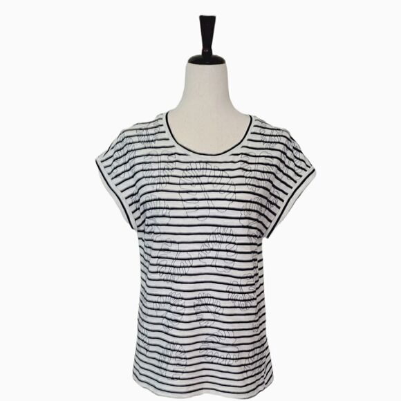 Skies Are Blue Tops - Skies Are Blue Navy Blue & White Stripe Leaf Embroidery Rolled Sleeve Top Size M